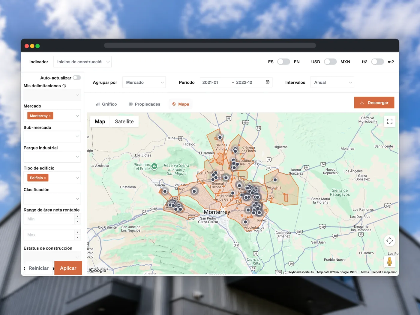 Dashboard Analytics 2.0 con mapa de inicios de construcción en Datoz
