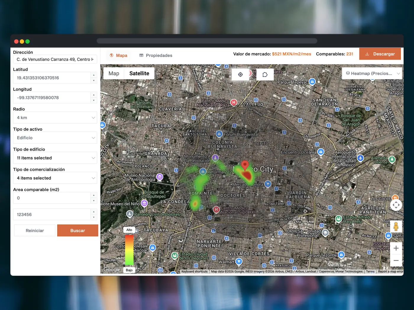 Mapa de comparables retail con heatmap en Datoz
